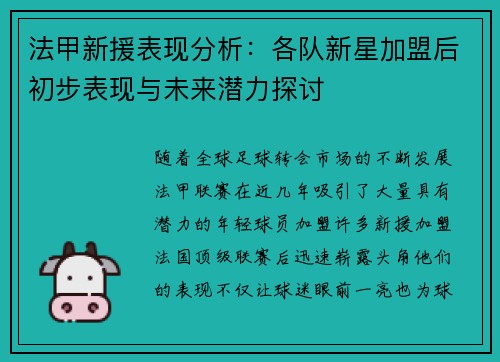 法甲新援表现分析：各队新星加盟后初步表现与未来潜力探讨